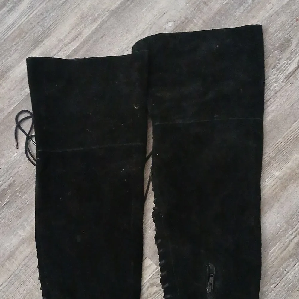 ALDO Bresa suede black over the knee lace laced back block heel boots  Sz 6.5